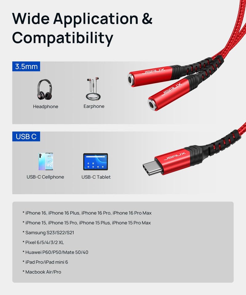 jsaux محول JSAUX USB C إلى مقسم سماعة رأس مزدوج 3.5 مم أنثوي، Type C إلى مقبس Y أنثوي مزدوج 3.5 مم متوافق مع iPhone 16 Pro Max/15 Pro Max، Galaxy S24/23 Ultra، Pixel، iPad Pro - أحمر - Image 4